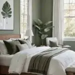 large bedroom with green sage walls, bed with neutral bedding, neutral curtains, and bench at the foot of the bed