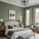 _large bedroom with light green sage walls, bed with green and neutral bedding and two windows