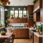 large, cozy midcentury modern kitchen with earthy brown and green natural autumn decor