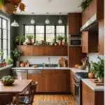 large, cozy midcentury modern kitchen with earthy brown and green natural autumn decor