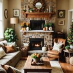 large cozy vintage family room that has a fireplace with earthy brown and green natural autumn decor