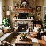 large cozy vintage family room that has a fireplace with earthy brown and green natural autumn decor