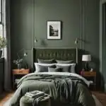 large masculine bedroom with dark green sage walls, bed with green bedding and neutral rug