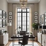 large neutral home office with desk, chair and high ceilings