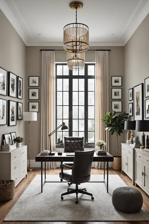 large neutral home office with desk, chair and high ceilings