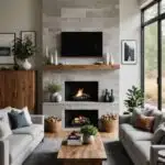 living room with a large gray sectional couch , window and fire place