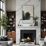 living room with a large marble fireplace, built in bookcases and gray couches