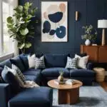 living room with blue sectional couch, blue walls, wood coffee table and plant in the corner