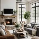 living room with gray and leather couches, stone fireplace and high ceilings