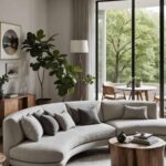 living room with gray curved sectional, wood coffee table and floor to ceiling windows