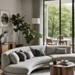 living room with gray curved sectional, wood coffee table and floor to ceiling windows