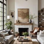 living room with high ceilings, fireplace, two couches , raw wood coffee table (1)