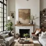 living room with high ceilings, fireplace, two couches , raw wood coffee table (1)