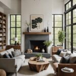 living room with high ceilings, fireplace, two couches , raw wood coffee table and wood beams on the ceiling