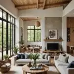 living room with high wood ceilings, gray couches, stone fireplace and dining area