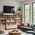 living room with kids storge bookcases and bean bag seating