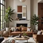 living room with sectional, wood coffee table, high wood slatted ceilings and a modern fireplace