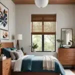 mid century modern guest bedroom with night stands, lamp and a dresser