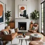 midcentury modern living room with leather couches, fireplace and high ceilings