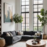 modern living room with gray sectional couch, wood coffee table, large windows and high ceilings