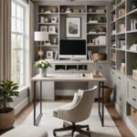 neutral home office with desk, chair an bookshelves