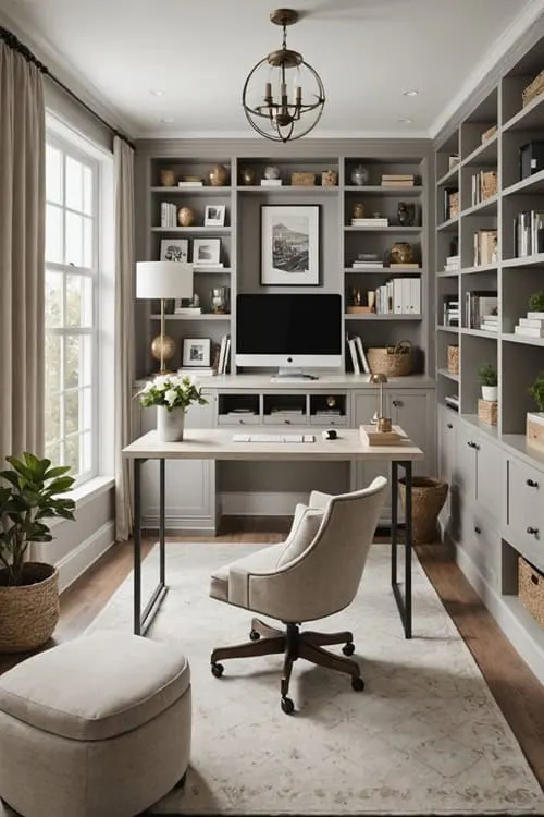 neutral home office with desk, chair an bookshelves