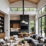 open concept modern living room with gray sectional couch, wood coffee table, large windows and high ceilings and kitchen