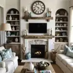 rustic Coastal Living Room with couches, fireplace, and built in bookcases