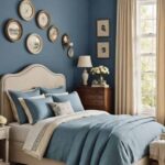 vintage style bedroom with bed, night stand , blue walls and large window with cream curtains