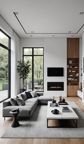 Minimalist Living Room with gray sectional couch, built in bookcase and large windows