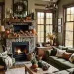 Cozy Rustic living room with earthy green and brown autumn decor