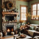 Cozy Rustic living room with earthy green and brown autumn decor