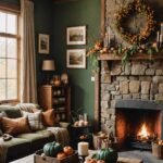 Cozy Rustic living room with earthy green and brown autumn decor