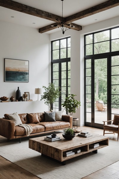 Minimalist rustic Living Room with couch, large windows and reclaimed wood coffee table