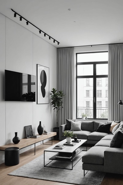 Minimalist Living Room with gray sectional couch, large window and gray curtains