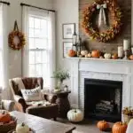 living room with fire place and large fall wreath