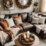 living room in a boho style with sectional couch and fall decorations