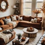 living room with two windows, a sectional couch, coffee table and fall decor