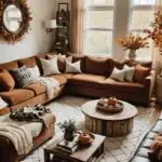 living room with two windows, a sectional couch, coffee table and fall decor