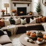 living room with two windows, a sectional couch, coffee table, fire place and fall decor