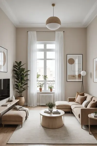 neutral Minimalist Living Room with sectional couch, large window and white curtains