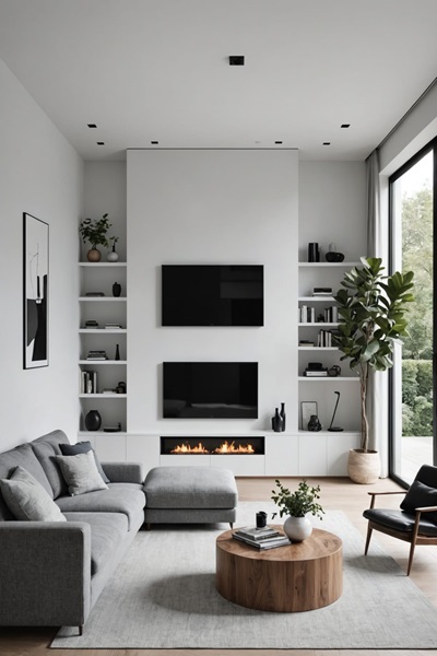 Minimalist Living Room with gray sectional couch, fireplace and high ceilings