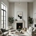 Minimalist Living Room with gray couch, large black fireplace and high ceilings