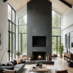 Minimalist Living Room with gray couch, large black fireplace and high ceilings