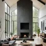 Minimalist Living Room with gray couch, large black fireplace and high ceilings