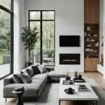 Minimalist Living Room with gray sectional couch, built in bookcase and large windows