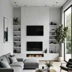 Minimalist Living Room with gray sectional couch, fireplace and high ceilings