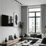 Minimalist Living Room with gray sectional couch, large window and gray curtains