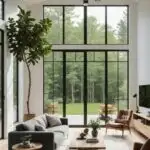 Minimalist Living Room with high ceilings, couch and large windows