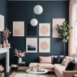 Minimalist Living Room with pink couch, navy blue walls and fireplace